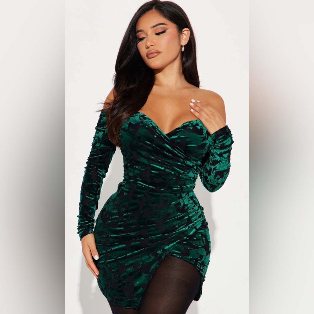 Fashion Nova Asymmetrical Green Velvet Dress